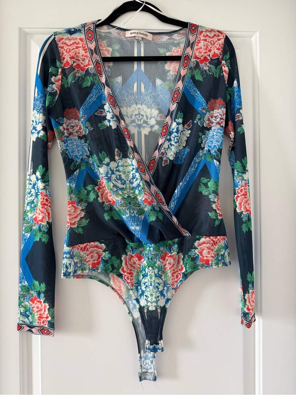 Floral Sheer Long-Sleeve V-neck Bodysuit - Navy Multi